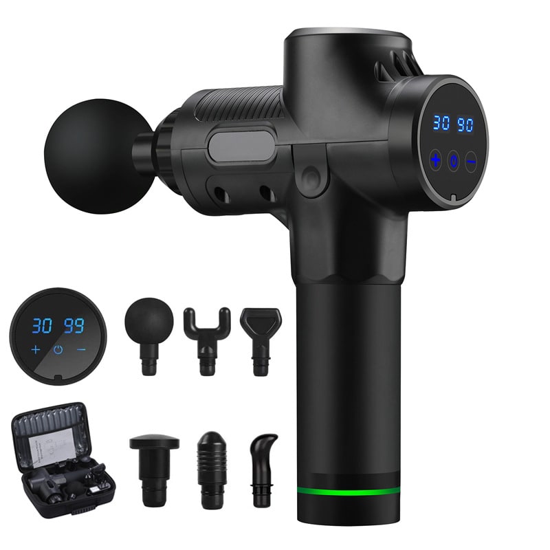 Massagegun met zes opzetstukken en LCD-touchscreen