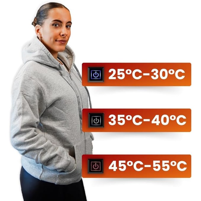 Verwarmde jas en hoodie met USB elektrische verwarming zones en trekkoord capuchon