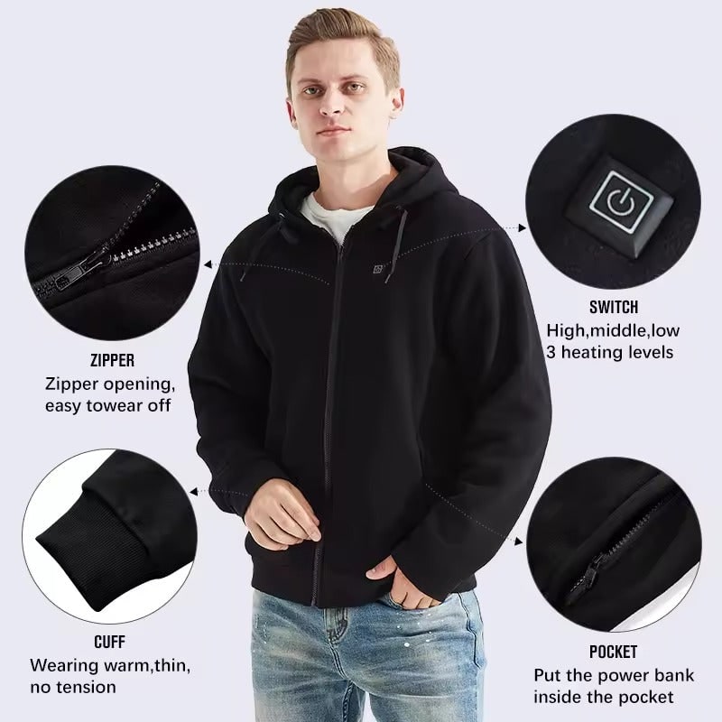 Verwarmde jas en hoodie met USB elektrische verwarming zones en trekkoord capuchon