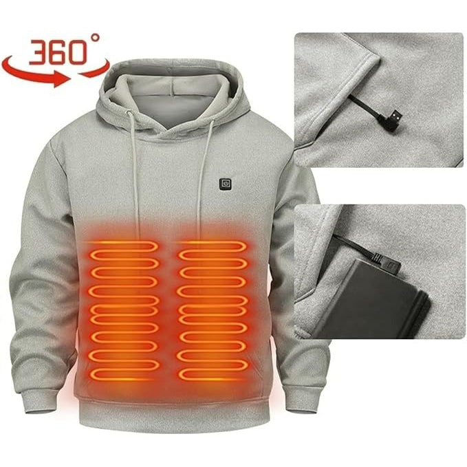 Verwarmde jas en hoodie met USB elektrische verwarming zones en trekkoord capuchon