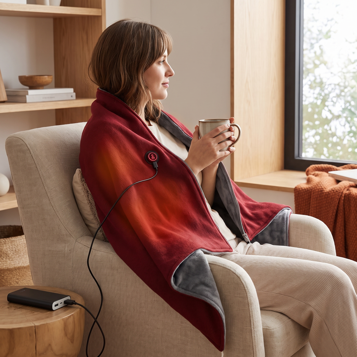 Hollevo™ Verwarmde sjaal-deken van katoen met 8 warmtezones en USB
