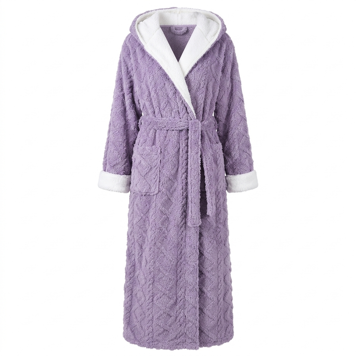 Lange pluche badjas met capuchon en twee steekzakken