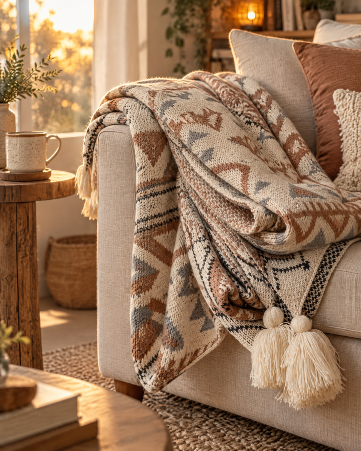 Gebreide boho plaid met kwastjes in zacht beige