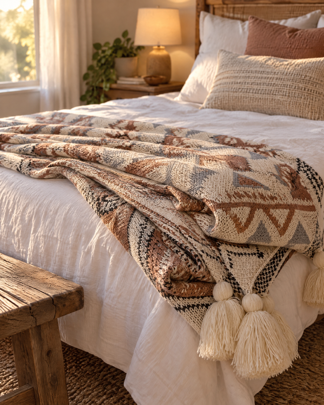 Gebreide boho plaid met kwastjes in zacht beige