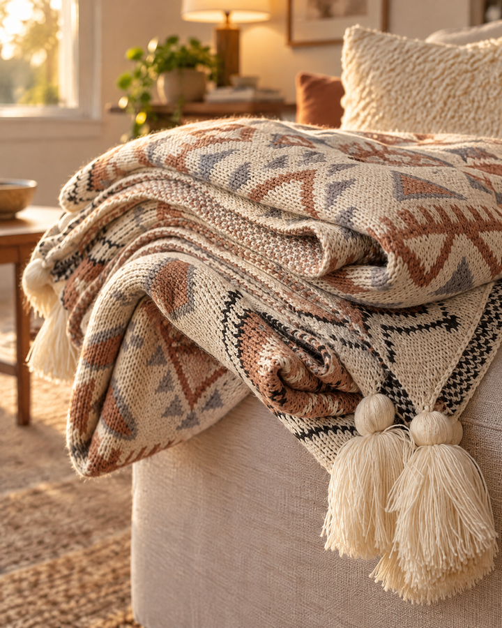 Gebreide boho plaid met kwastjes in zacht beige