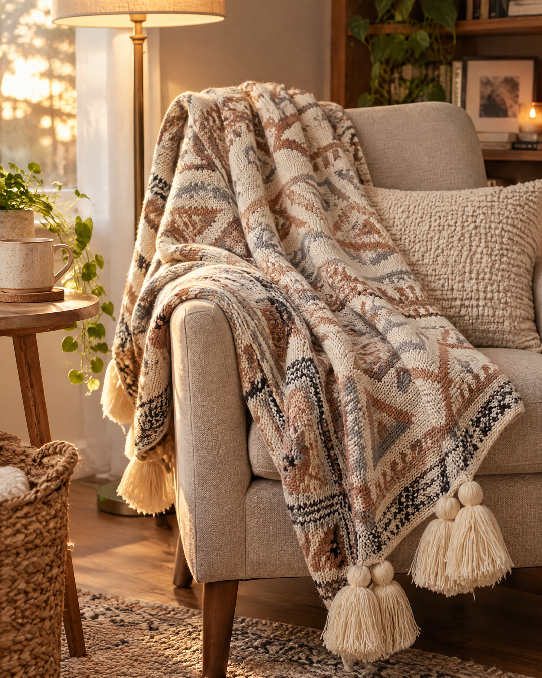 Gebreide boho plaid met kwastjes in zacht beige