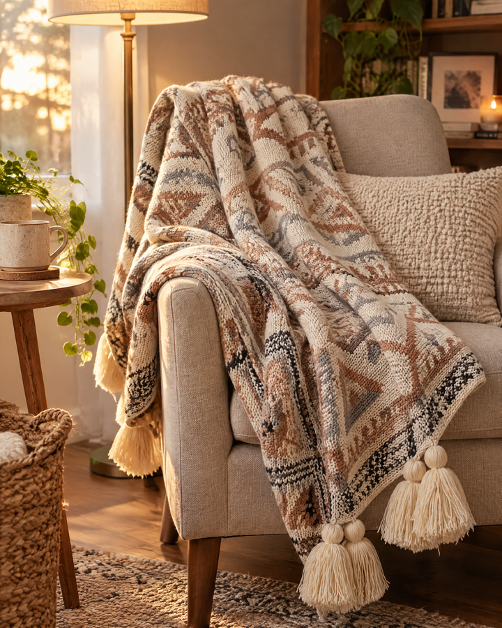 Gebreide boho plaid met kwastjes in zacht beige