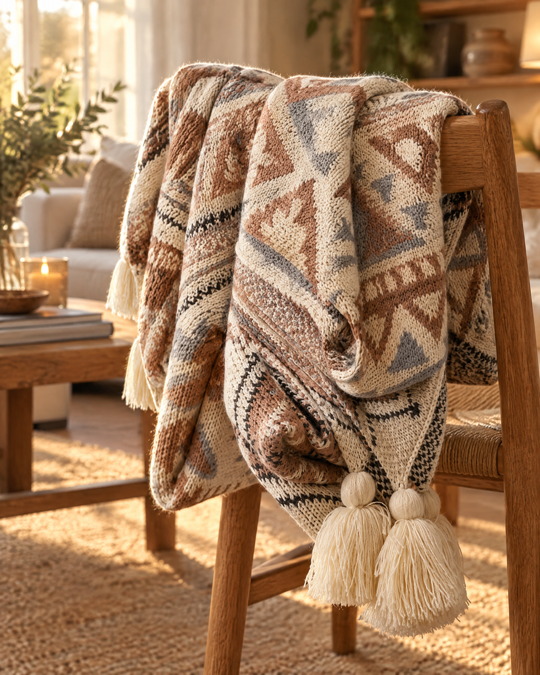 Gebreide boho plaid met kwastjes in zacht beige