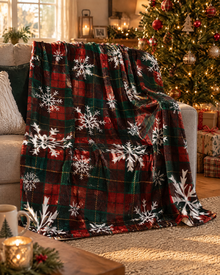 Hollevo™ Kerstplaid van fleece met rode ruit en sneeuwvlokken