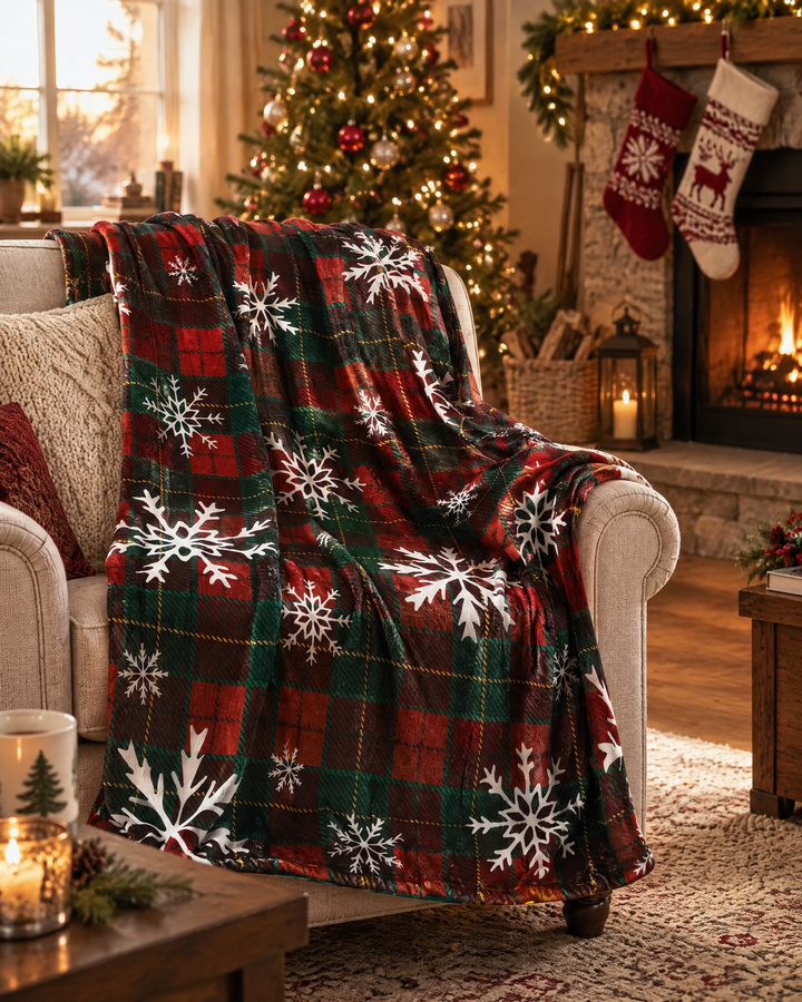 Hollevo™ Kerstplaid van fleece met rode ruit en sneeuwvlokken