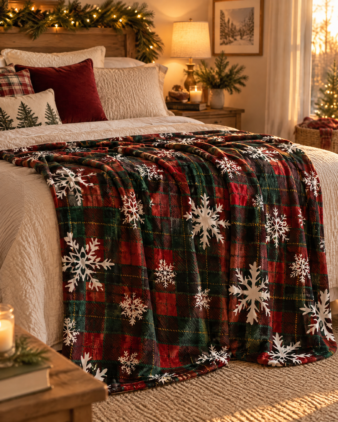 Hollevo™ Kerstplaid van fleece met rode ruit en sneeuwvlokken