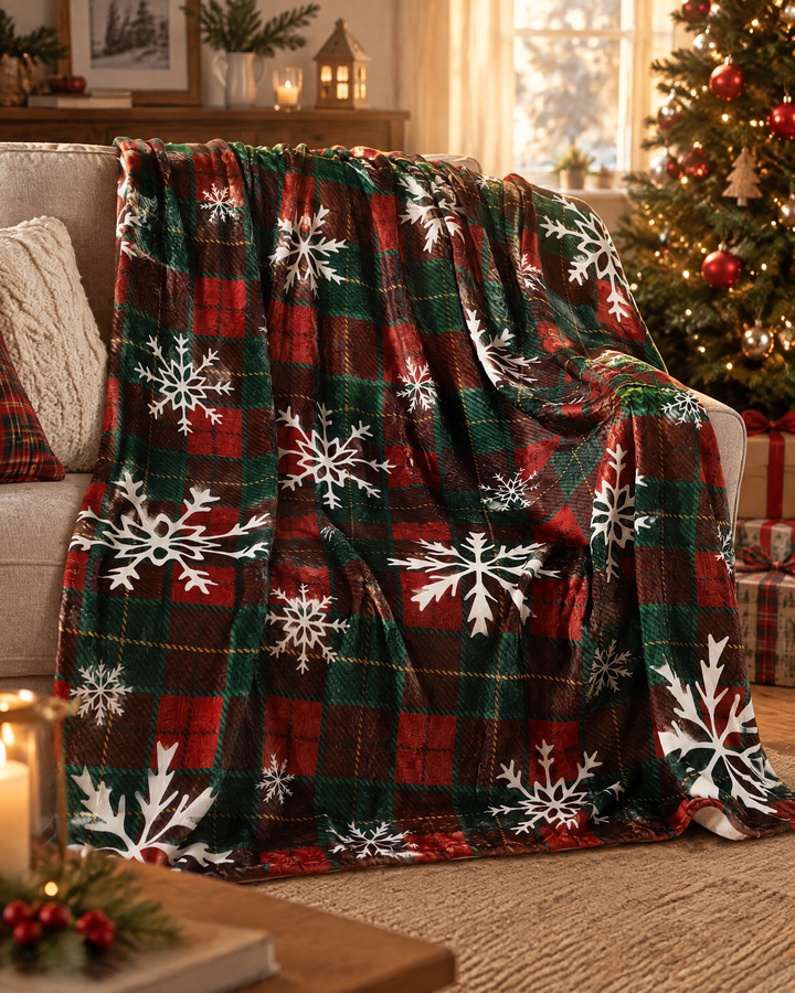 Hollevo™ Kerstplaid van fleece met rode ruit en sneeuwvlokken