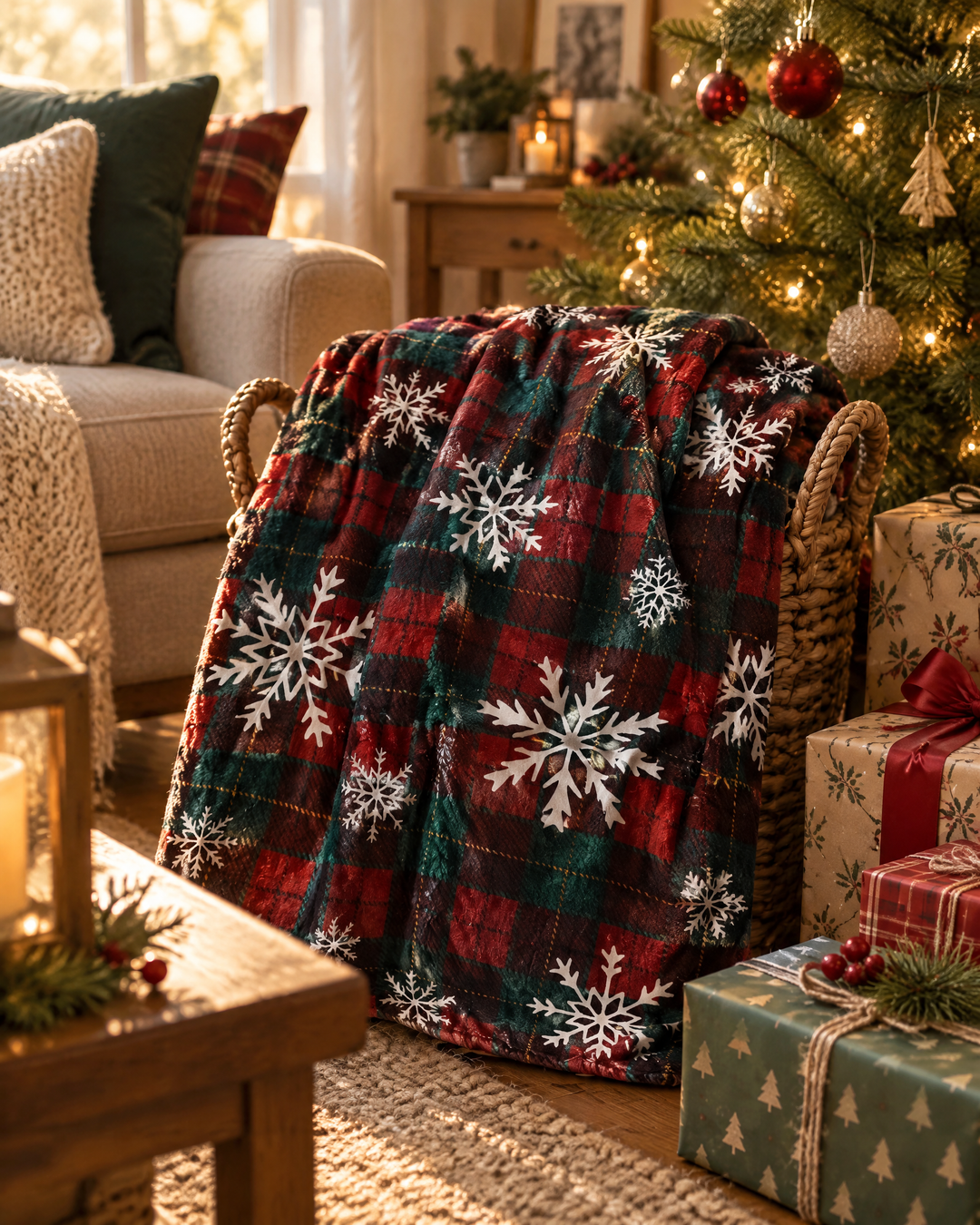 Hollevo™ Kerstplaid van fleece met rode ruit en sneeuwvlokken