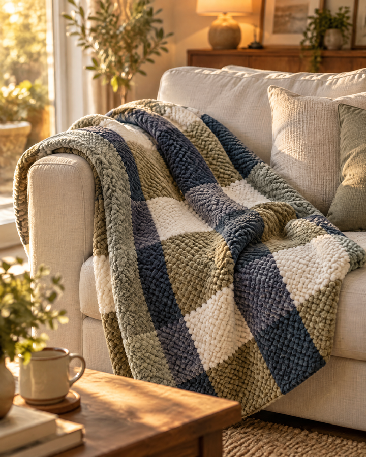 Grofgebreide chenille plaid met ruit- of streepmotief