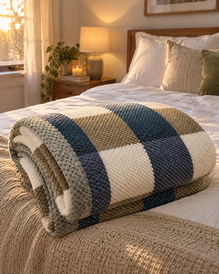 Grofgebreide chenille plaid met ruit- of streepmotief
