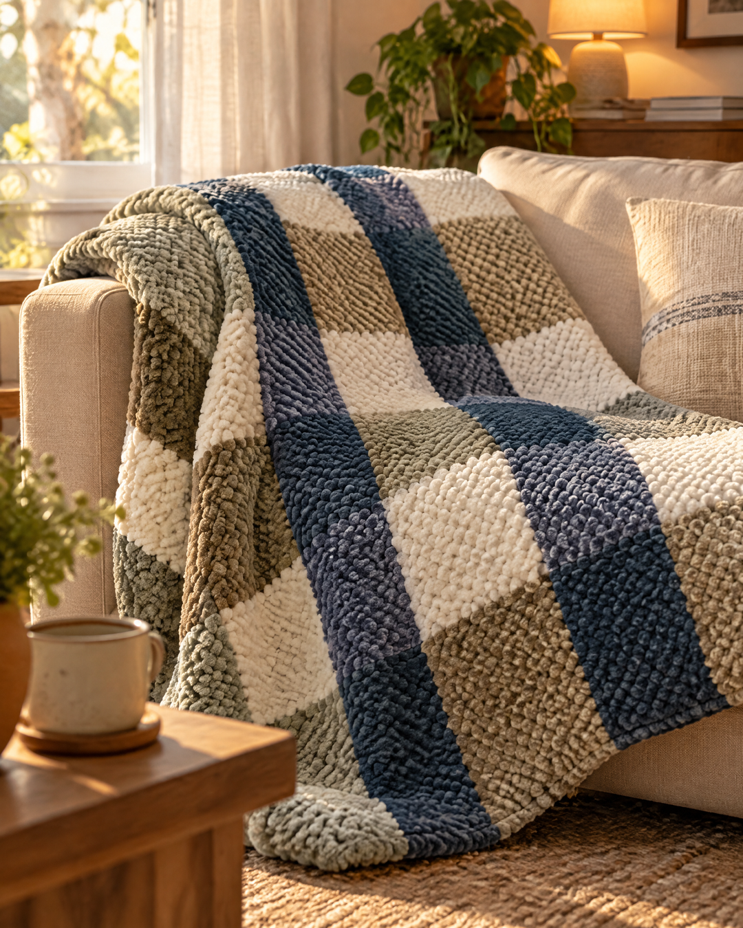 Grofgebreide chenille plaid met ruit- of streepmotief