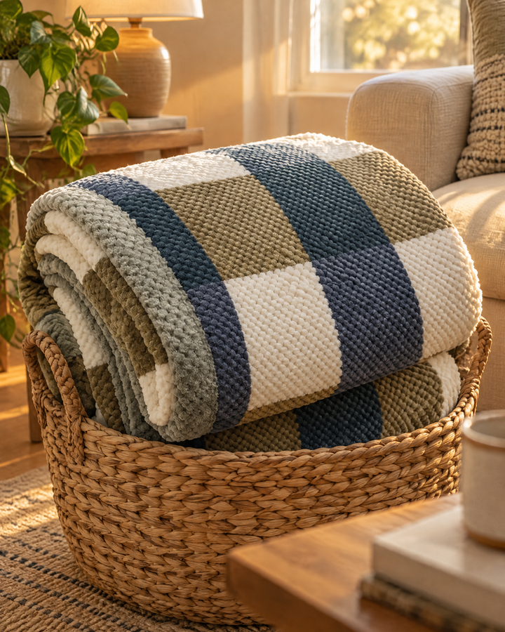 Grofgebreide chenille plaid met ruit- of streepmotief