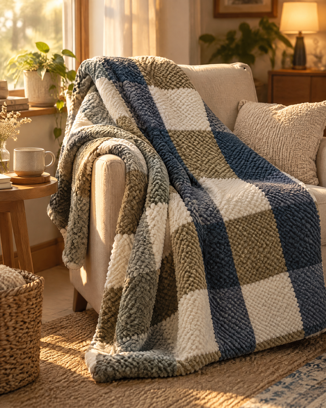Grofgebreide chenille plaid met ruit- of streepmotief