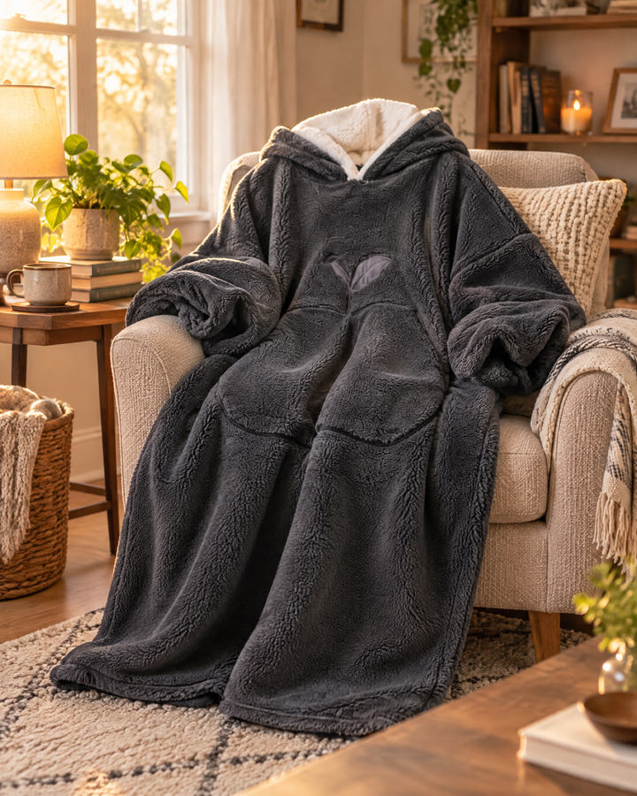 Hollevo™ Extra lange deken-hoodie met sherpavoering en grote buidelzak