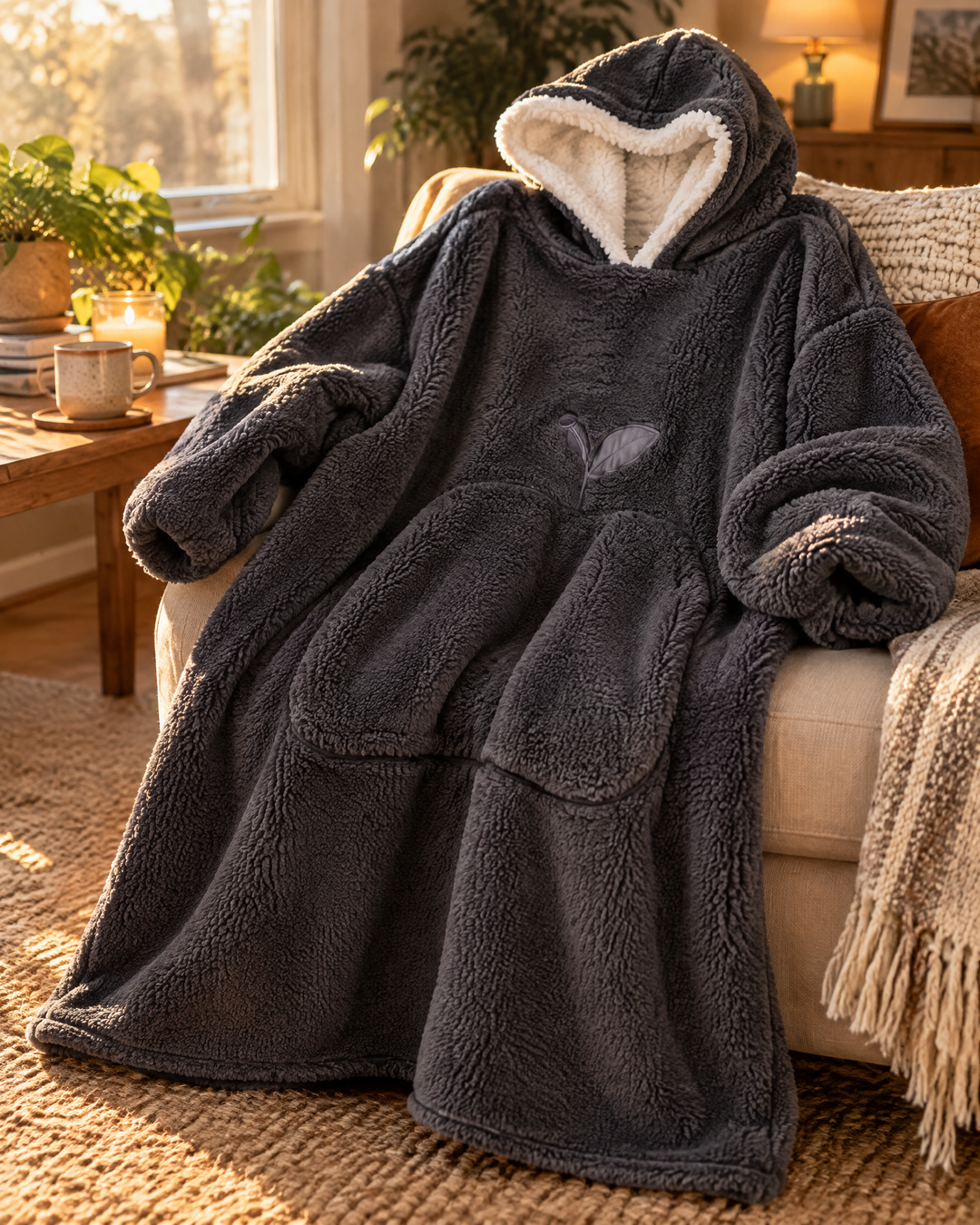 Hollevo™ Extra lange deken-hoodie met sherpavoering en grote buidelzak