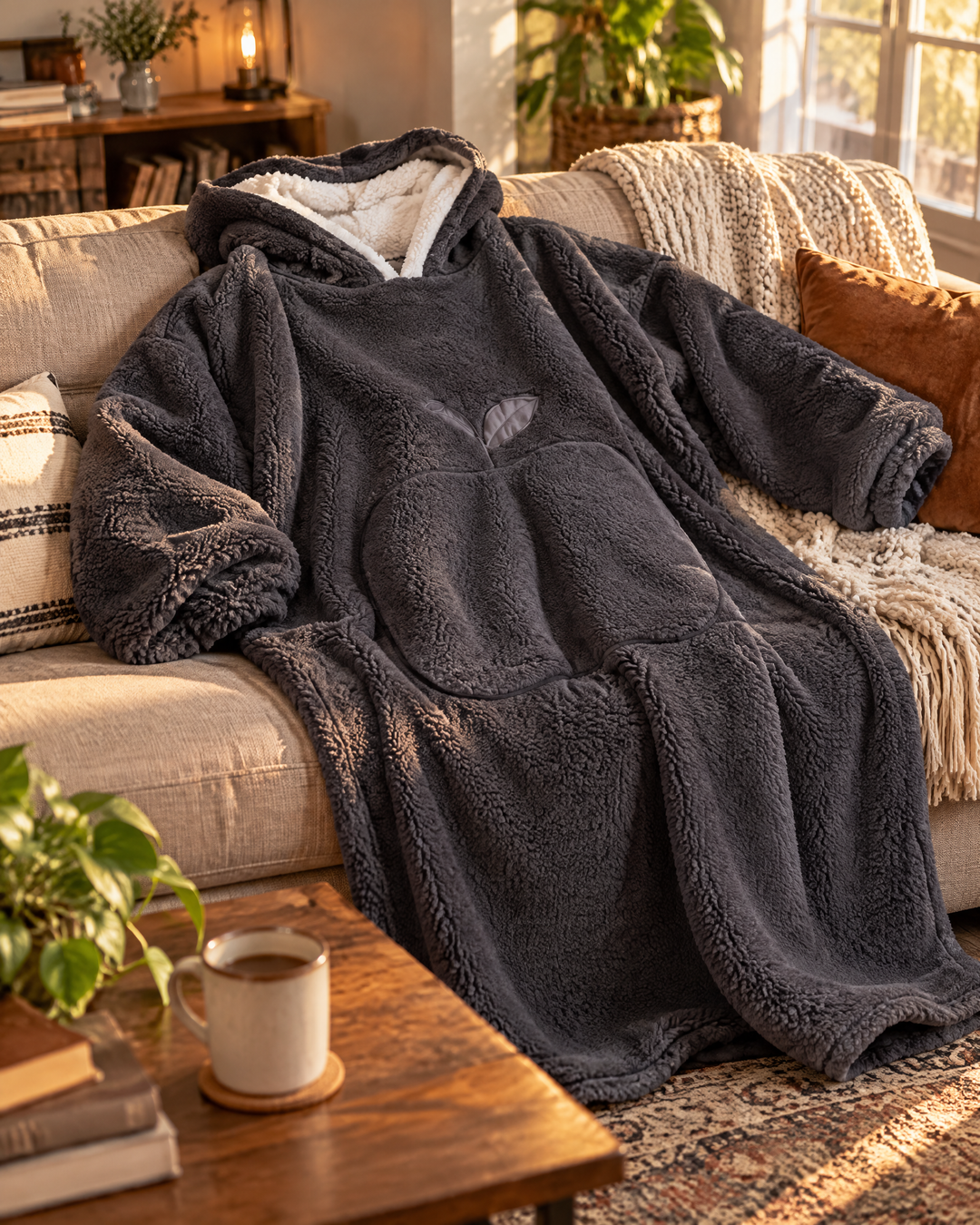 Hollevo™ Extra lange deken-hoodie met sherpavoering en grote buidelzak