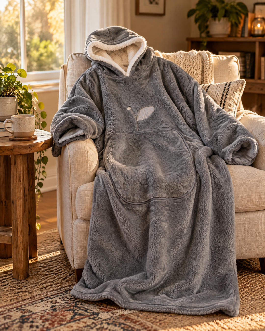 Hollevo™ Extra lange deken-hoodie met sherpavoering en grote buidelzak