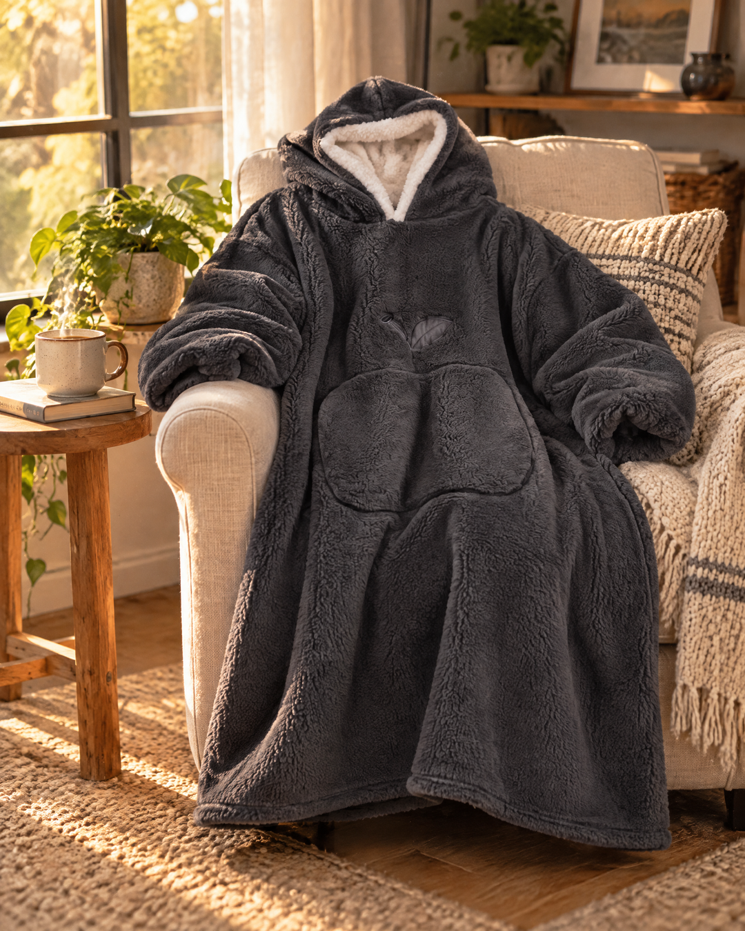 Hollevo™ Extra lange deken-hoodie met sherpavoering en grote buidelzak