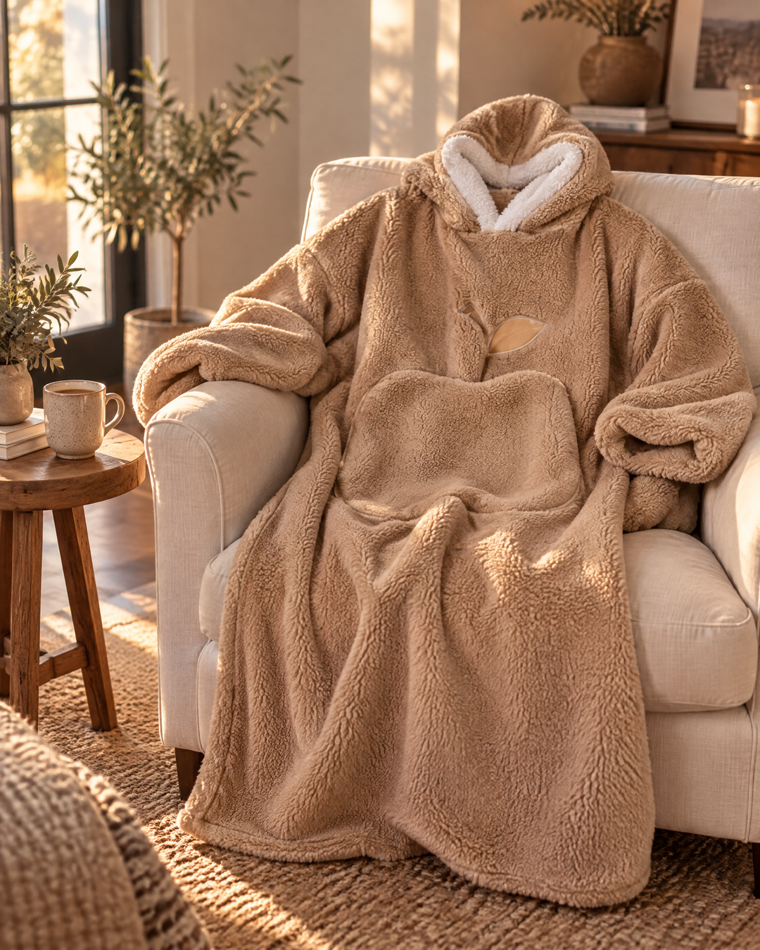 Hollevo™ Extra lange deken-hoodie met sherpavoering en grote buidelzak
