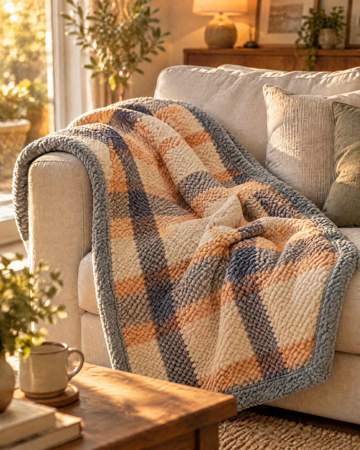 Grofgebreide chenille plaid met ruit- of streepmotief