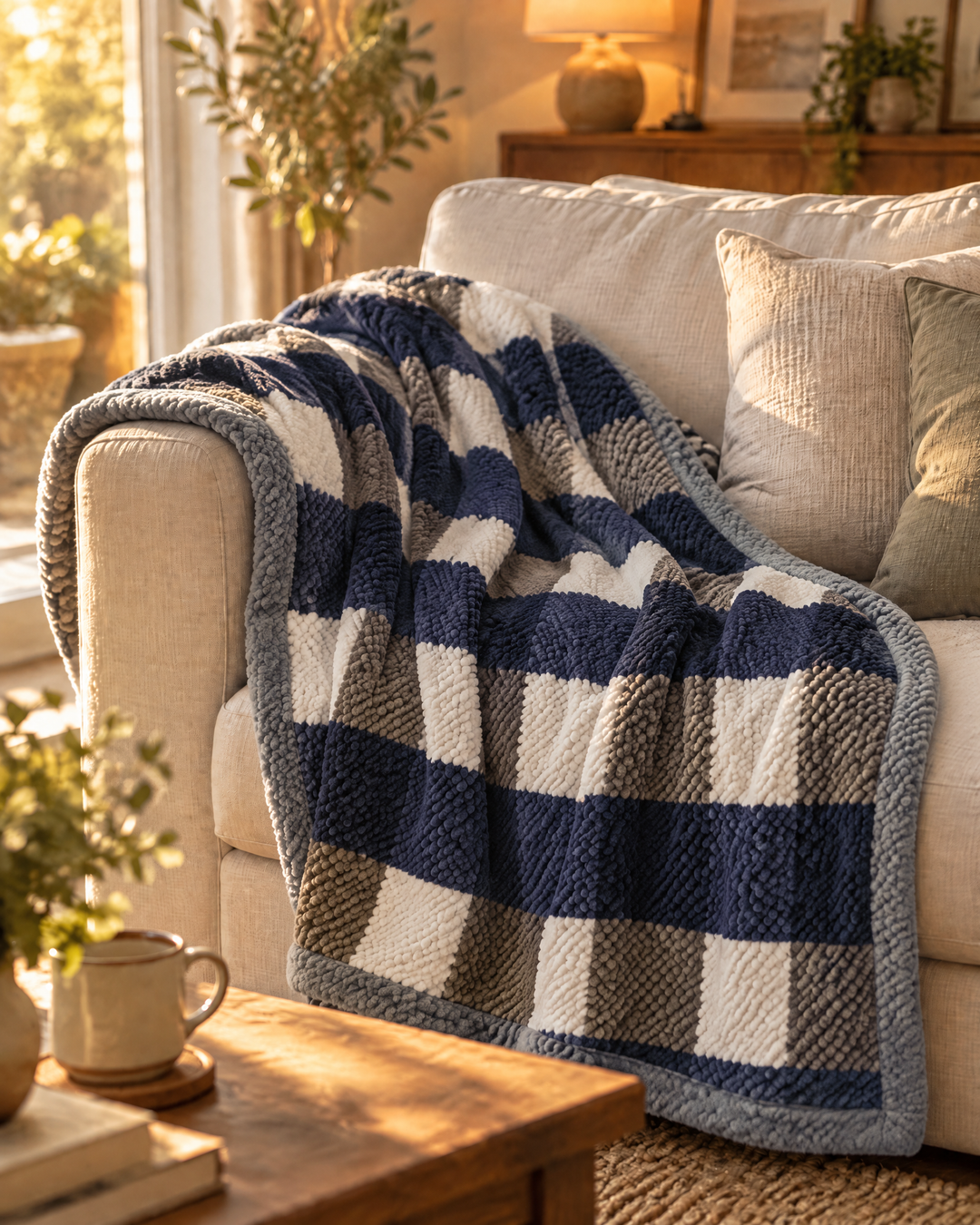 Grofgebreide chenille plaid met ruit- of streepmotief