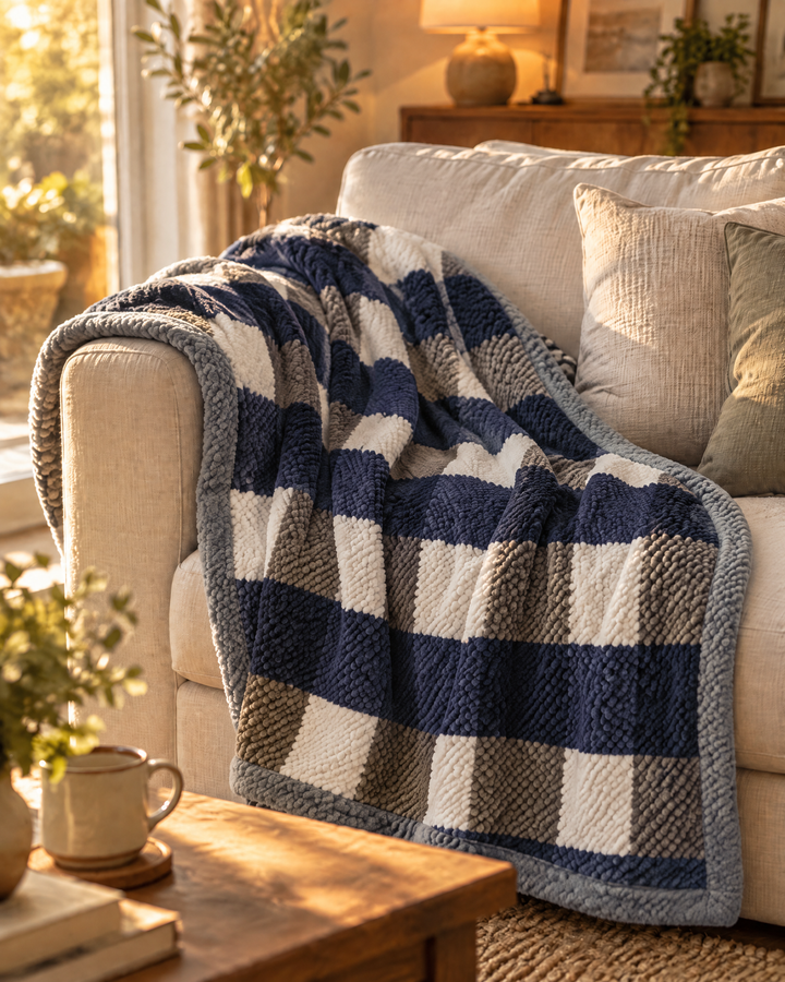 Grofgebreide chenille plaid met ruit- of streepmotief