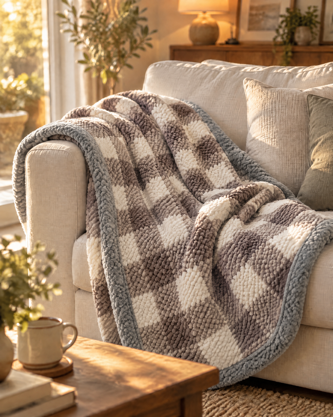 Grofgebreide chenille plaid met ruit- of streepmotief