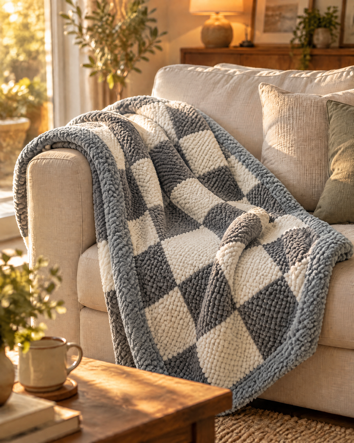 Grofgebreide chenille plaid met ruit- of streepmotief
