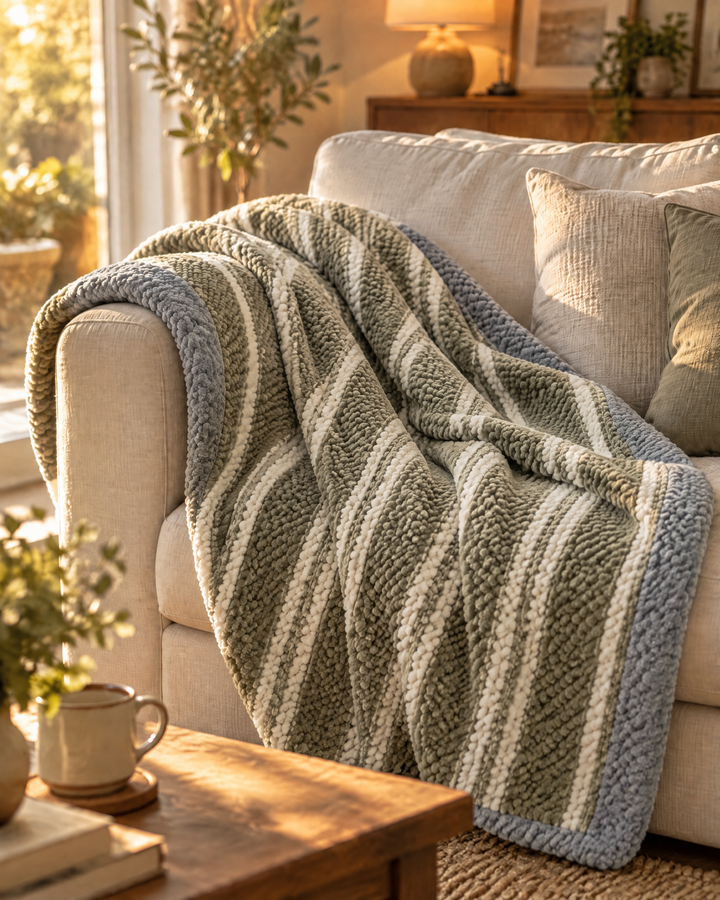 Grofgebreide chenille plaid met ruit- of streepmotief