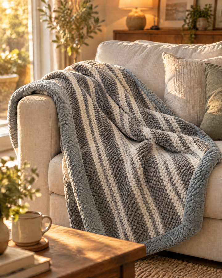 Grofgebreide chenille plaid met ruit- of streepmotief