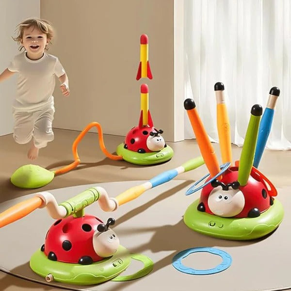 3-in-1 speelset met springmat, ringwerpen en raketwerper