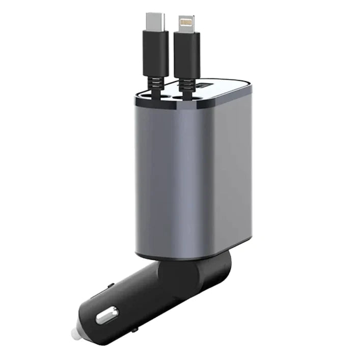 Autolader met twee oprolbare kabels voor USB-C en Lightning