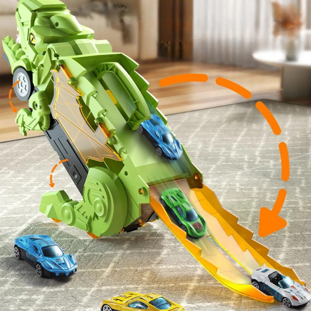 2-in-1 dinosaurus-transporttruck met racebanen en 8 auto&