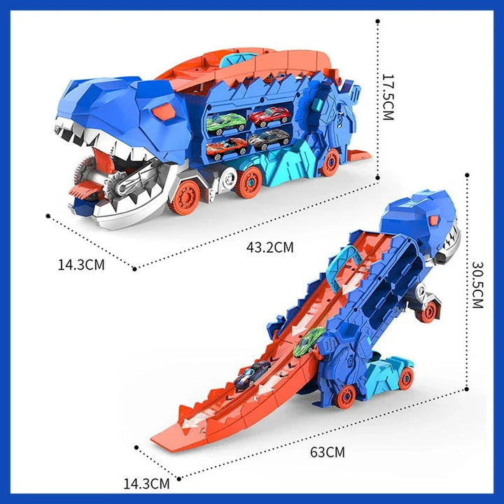 2-in-1 dinosaurus-transporttruck met racebanen en 8 auto&