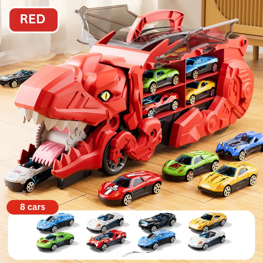 2-in-1 dinosaurus-transporttruck met racebanen en 8 auto&
