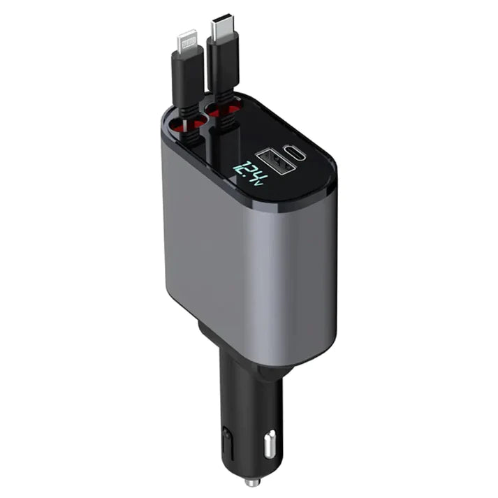 Autolader met twee oprolbare kabels voor USB-C en Lightning