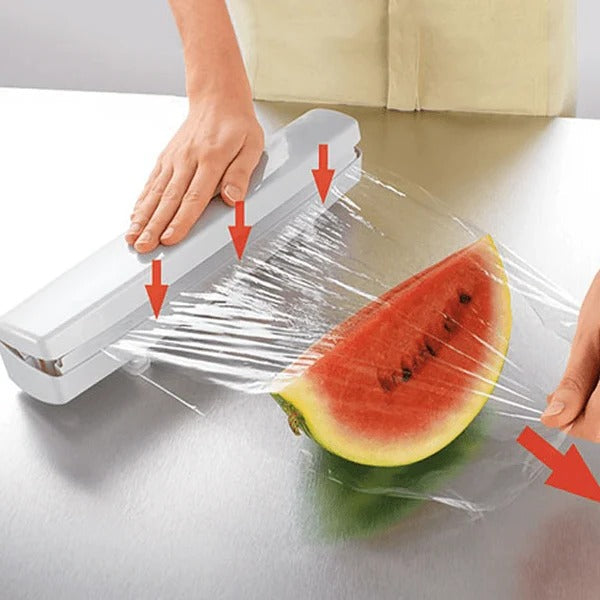 Huishoudfolie dispenser met ingebouwd mesje voor folie en papier