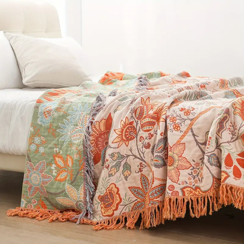 Katoenen boho plaid met bloemenprint en franjes