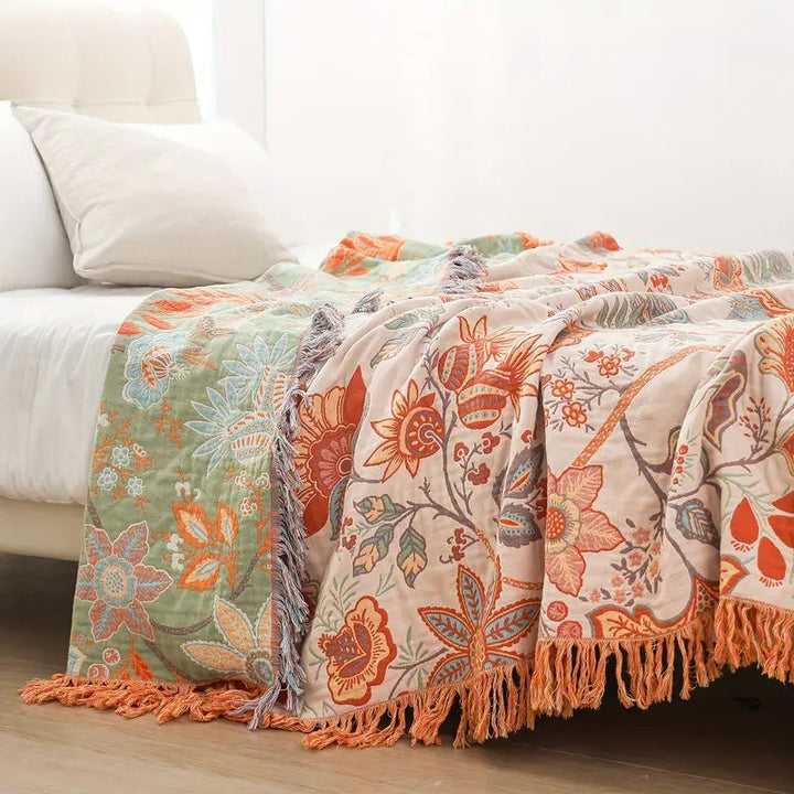 Katoenen boho plaid met bloemenprint en franjes