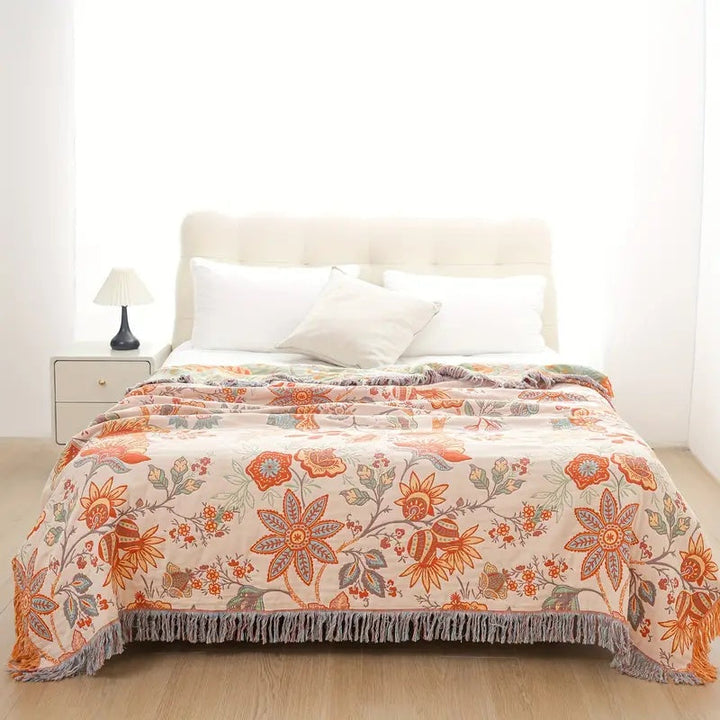 Katoenen boho plaid met bloemenprint en franjes