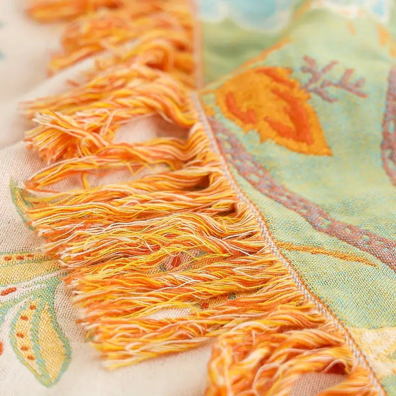 Katoenen boho plaid met bloemenprint en franjes