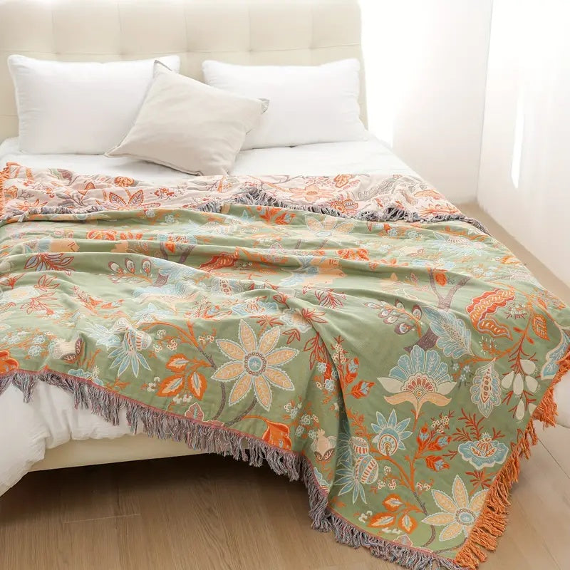 Katoenen boho plaid met bloemenprint en franjes