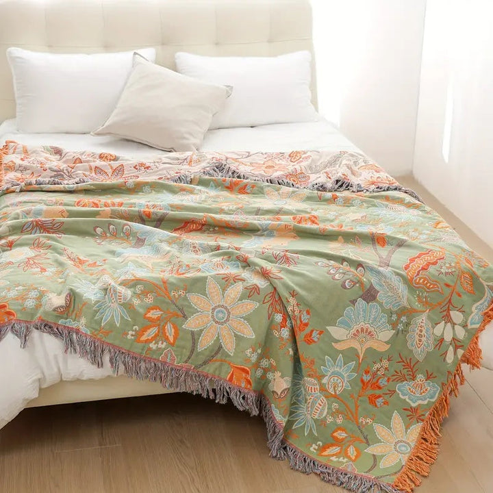 Katoenen boho plaid met bloemenprint en franjes