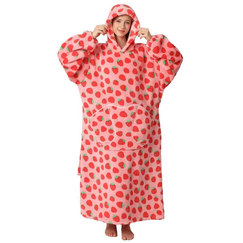Lange sherpa deken-hoodie met leuke prints en grote zak