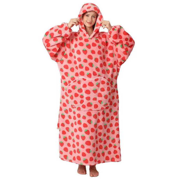 Lange sherpa deken-hoodie met leuke prints en grote zak